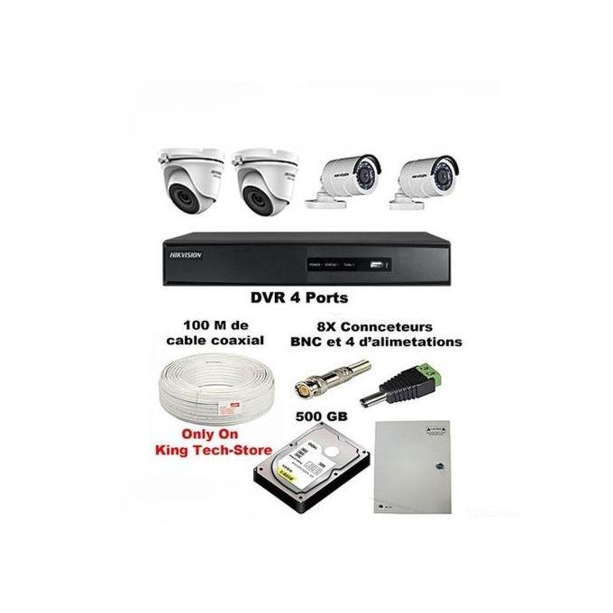 Hikvision Pack Complet de A à Z de Système de Surveillance : DVR 4voies Turbo HD + 500 GB + 4 Caméras + Bloc d'alimentation + 12 Connecteurs BNC & DC