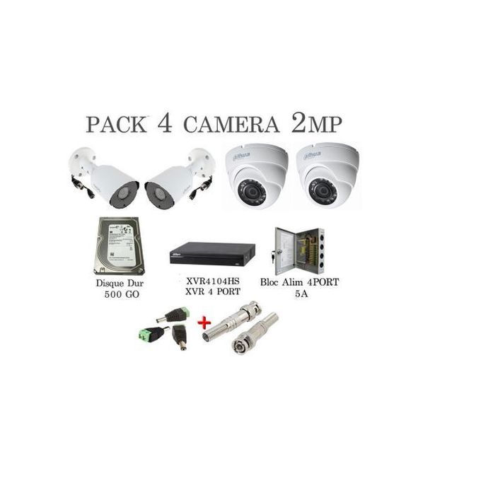 Dahua PACK 4 Camera 2MP + DVR XVR + Disque Dur 500 Go+ Bloc Alim 4 Port