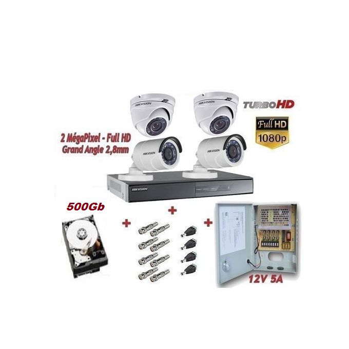 Hikvision Pack Complet 4 Caméras (2Bullets 2dômes) + DVR 4ports + Accessoires