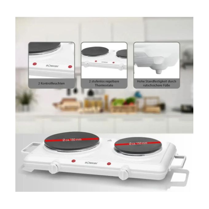 Plaque De Cuisson Double Bomann 2500W - 2 Brûleurs, Thermostats Réglables, Blanc - Idéal Camping
