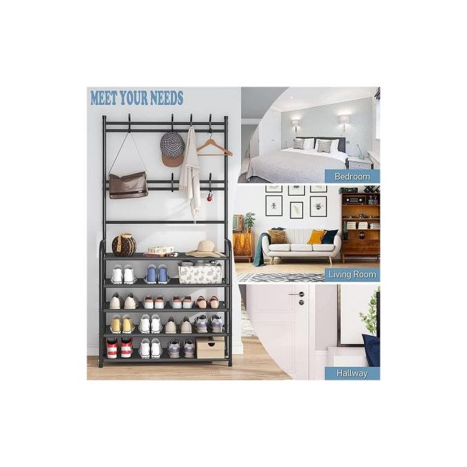Porte-manteau,étagère à chaussures et Rangement en métal pour l’entrée -Noir