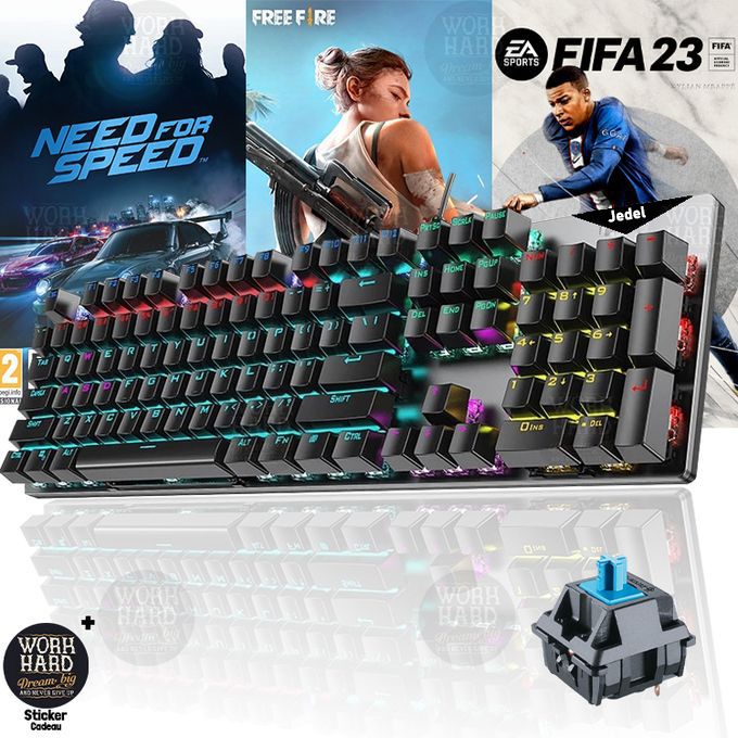 Jedel Clavier mécanique gaming étroéclairé,RGB LED Backlit Switches+Sticker cadeau