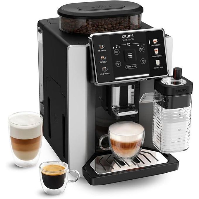 Krups Krup s Sensation Lait, Machine à café grains, Expresso automatique, 6 boissons, Carafe à lait Cappuccino, Interface tactile, Nettoyage automatique, Silver, EA912B10