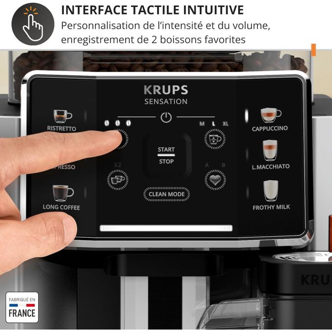 Krups Krup s Sensation Lait, Machine à café grains, Expresso automatique, 6 boissons, Carafe à lait Cappuccino, Interface tactile, Nettoyage automatique, Silver, EA912B10 - image 3