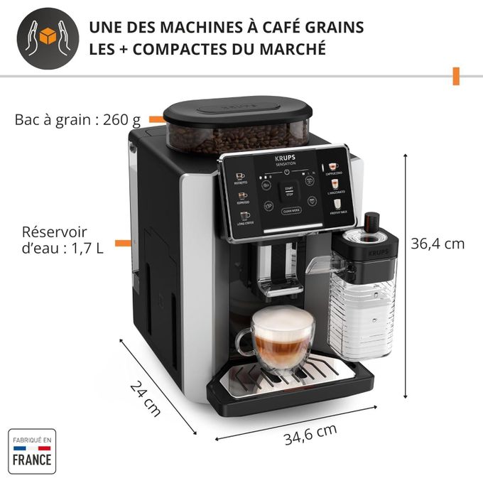 Krups Krup s Sensation Lait, Machine à café grains, Expresso automatique, 6 boissons, Carafe à lait Cappuccino, Interface tactile, Nettoyage automatique, Silver, EA912B10 - image 8