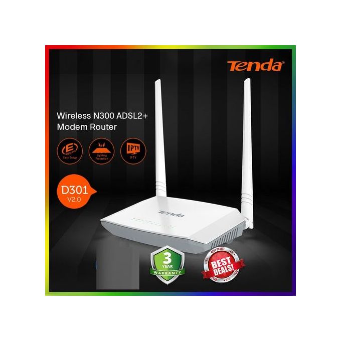 tenda Routeur modem 2Antennes D301 sans fil N300 ADSL2 +WiFi et commutateur quatre ports