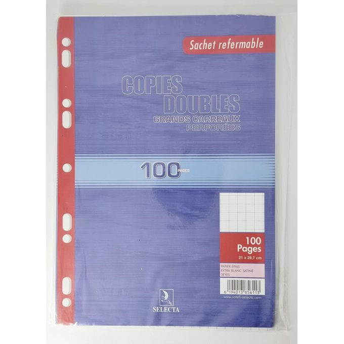 1 paquet Feuilles DOUBLES Perforés DE CLASSEUR 60g A4 21x29,7.Grands  carreaux,100 Pages