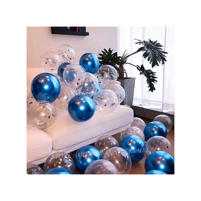 Generic 25 ballons bleu métallique & transparent avec confetti argent 31 CM  pour décorations anniversaire à prix pas cher