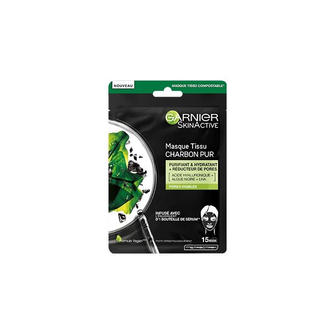 Garnier SkinActive Masque Tissu CHARBON PUR HYDRATANT et PURIFIANT (Origine France)