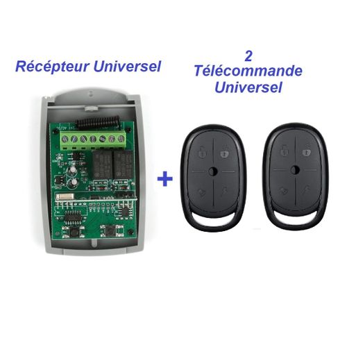 Récepteur et 2 Télecommande universel pour porte de Garage de 2 canaux 433MHZ code fixe et Code de roulement