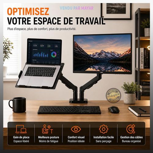 Support Double Bras pour cran 13 32 pouces et Ordinateur Portable Support de Bureau Rglable 360 avec Plateau Laptop Bras Articul Fixation VESA et Pince de Bureau
