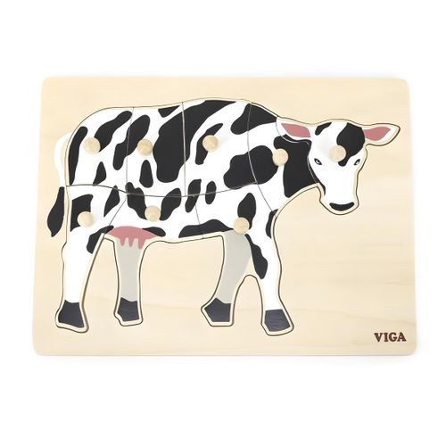 Puzzle à Encastrement en Bois - Méthode Montessori avec Picots - Apprentissage des Animaux (Vache) - Multicolore pour Enfants 18M+