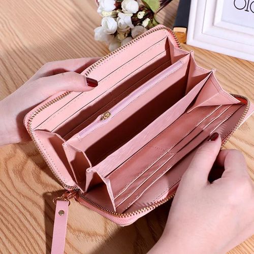 Portefeuille femme long géométrique, portefeuille zip grande capacité, porte cartes et monnaie, sac main élégant avec pompon