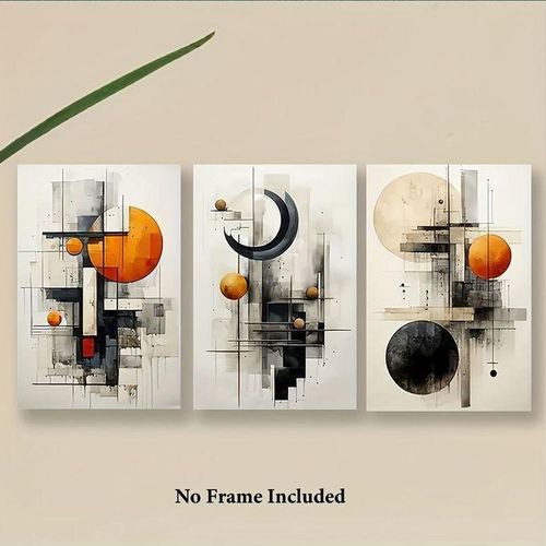 Set de 3 Affiches Murales Abstraites – Art Géométrique Moderne Orange, Noir et Gris