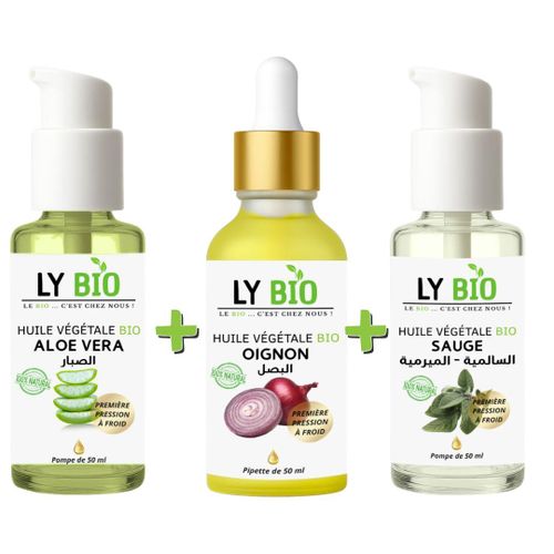 PACK HUILE ALOE VERA 50ml - POMPE HUILE OIGNON 50ML - PIPETTE HUILE SAUGE 50ML - POMPE