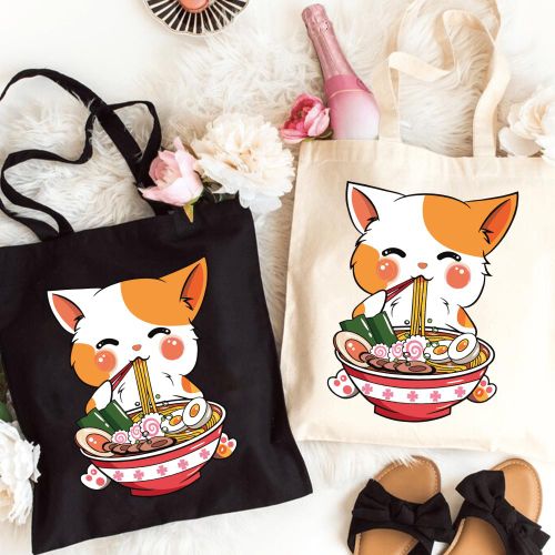 Sac à Bandoulière Amélioré Japon-Corée, Cadeaux pour Ami, Sac Fourre-Tout Drôle avec Imprimé Chat et Ramen de Grande Capacité Style Simple Tendance Durable pour Pique-nique en Extérieur, Fête, Voyage
