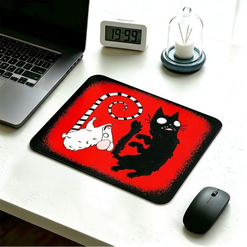 Tapis de souris d'impression numérique 2D, motif tendance et cool de chat noir de dessin animé, souris blanche, illustration artistique, tapis de souris antidérapant pour bureau à domicile et gaming