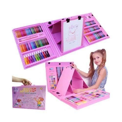coffret de jeune artiste : ensemble d'art rose pour enfants comprend des fournitures de dessin et de peinture.