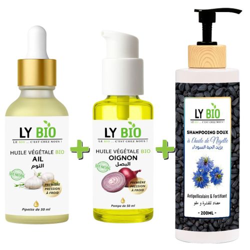 PACK HUILE AIL 50ML - PIPETTE + HUILE OIGNON 50ML - POMPE + SHAMPOOING A L'HUILE DE NIGELLE 200ML