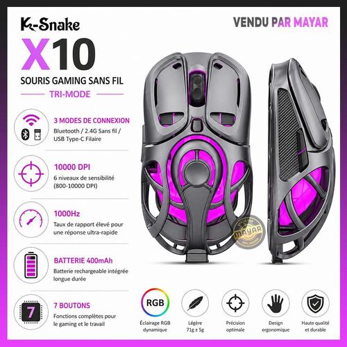 Souris Gaming Sans Fil X10 Tri-Mode Bluetooth 2.4G USB-C Filaire – 10000 DPI, RGB, 7 Boutons, Batterie 400mAh, 71g