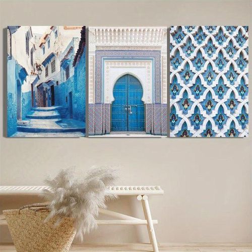 Set de 3 Tableaux Muraux Thème Marocain – Ruelle Bleue, Porte Traditionnelle et Motif Zellige, Déco Murale