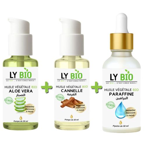 PACK HUILE ALOE VERA 50ml - POMPE + HUILE CANNELLE 50ML - POMPE + HUILE PARAFFINE 50ML - PIPETTE