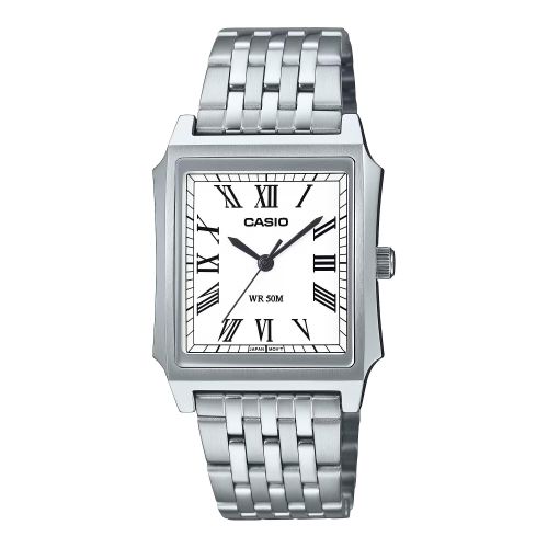 Design rectangulaire classique fond blanc et index chiffres romains pour hommes - Acier inoxydable - MTP-B190D-7BV