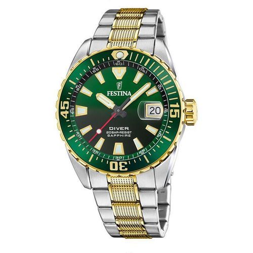 F20706/2 - Montre étanche 200m cadran vert avec Verre saphir anti-rayures – bracelet en acier inoxydable –