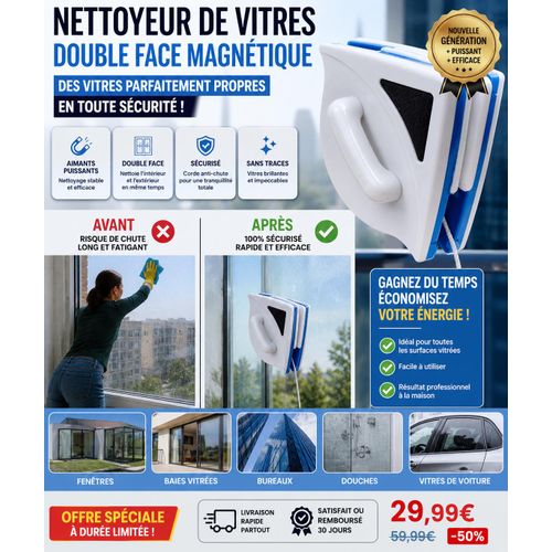 Nettoyez Vos Vitres Extérieures Sans Risque en 1 Seul Geste – Nettoyeur Magnétique Double Face Ultra Puissant (Zéro Effort, Zéro Danger)