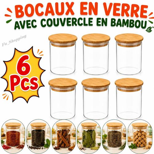 Lot de 6 Bocaux en Verre Hermétiques avec Couvercle en Bambou – Pots de Conservation pour Épices, Café, Thé et Aliments Secs