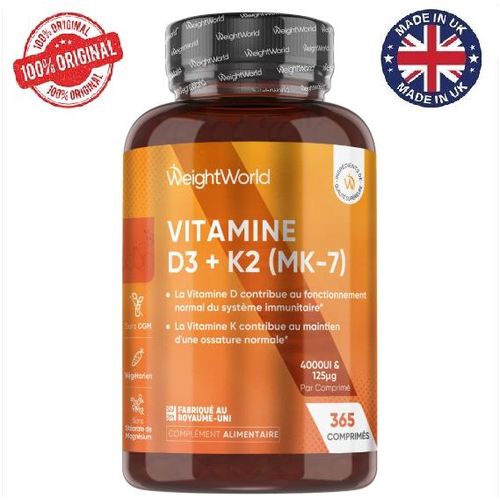 Vitamine D3 K2 Origine Angleterre 4000 UI + 125 mcg de vitamine K2 MK7 365 comprimés Origine Angleterre