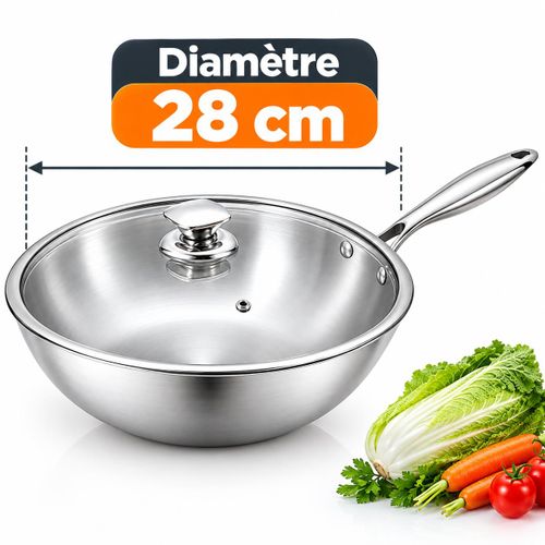 Poêle en Inox avec Couvercle en Verre – Diamètre 28 cm – Compatible Tous Feux