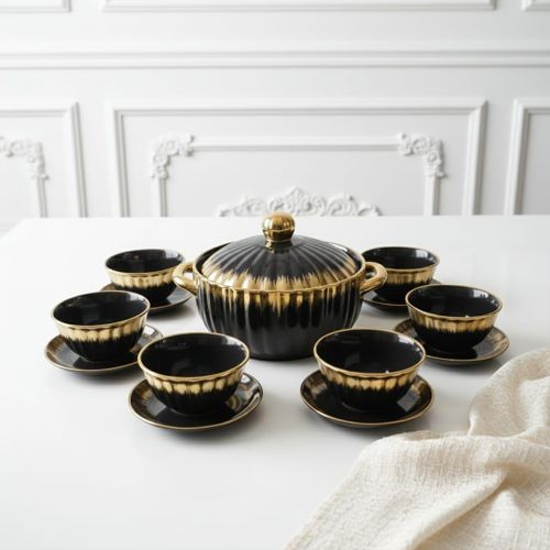 Soupière de Luxe 15 pièces "Royal Black & Gold" en Céramique – Ayahome