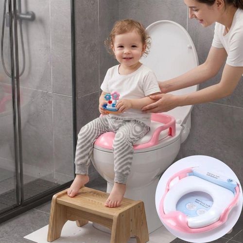 Reducteur de toilette rembourre pour enfant avec poignee de maintien et protection anti eclaboussures adapte aux cuvettes standards siege d apprentissage ergonomique pour sanitaire domestique et deplacement utilisation simple et autonomie de l enfant