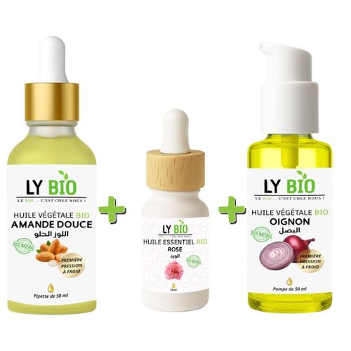 PACK HUILE AMANDE DOUCE 50ML - PIPETTE + HUILE ESSENTIEL ROSE 10ML + HUILE OIGNON 50ML - POMPE