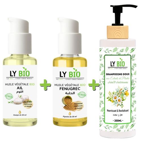 PACK HUILE AIL 50ML - POMPE + HUILE FENUGREC 50ML - POMPE + SHAMPOOING AUX EXTRAITS DE PLANTES 200ML