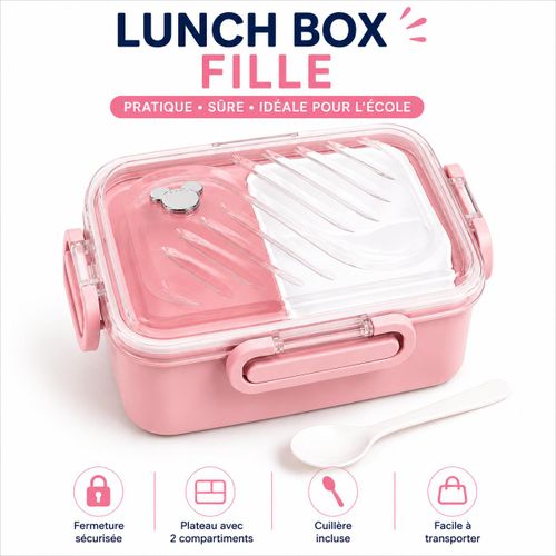 Lunch Box Enfant en Plastique avec 2 Compartiments, Cuillère et Fermeture Sécurisée – Rose