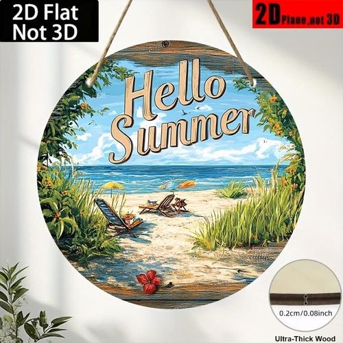 Décoration Suspendue en Bois Plat 2D 1pc Bonne Année Panneau Rond en Bois carton Décoration Murale Style Ferme avec Scène de Plage Thème Été Vibrant pour la Maison dArtiste les Fêtes et les Cadeaux de Vacances Décoration Thème Plage