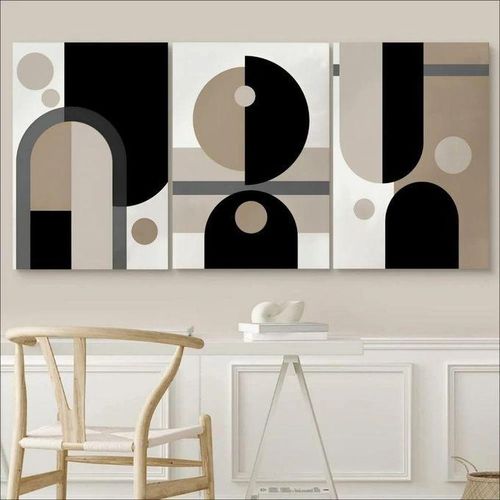 Tableau Triptyque Abstrait Géométrique en 3 Pièces - Arches et Cercles Noir Beige Taupe, Style Mid-Century Moderne