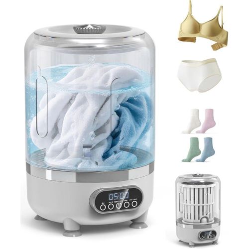 Mini machine à laver portable, petite, silencieuse, grise et blanche, chargement USB-C, capacité de 3 L, lavage et essorage, stérilisation, compacte, portable, charge rapide