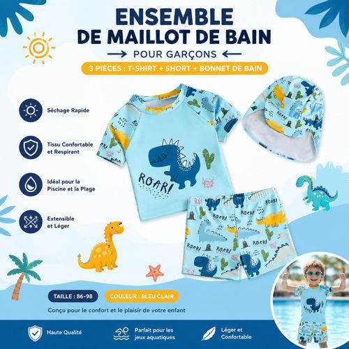 Ensemble Maillot de Bain Garçon 3 Pièces Dinosaure Bleu Clair – T-Shirt Anti-UV, Short de Bain et Bonnet – 2 à 3 Ans (Taille 86-98 cm)