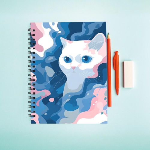 Cahier A5, 13.97x21.08 cm, 50 Pages - Chat Blanc avec Yeux Bleus sur Fonds Coloré Fluide, Parfait pour les Passionnés d'Art