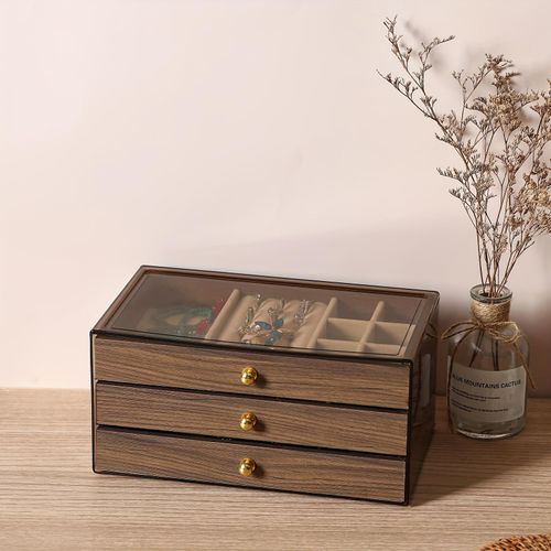 Boîte de rangement et organisateur de bijoux en bois à trois niveaux avec couvercle en acrylique et doublure en velours, une boîte à bijoux pour femmes et filles pour ranger bagues, boucles d'oreilles, bracelets et colliers.