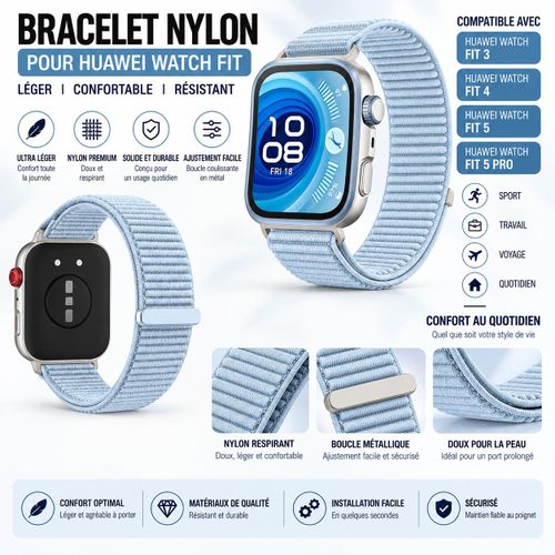 Bracelet en Nylon Wave pour Huawei Watch Fit 3 / 4 / 4 Pro / 5 / 5 Pro - Strap Confortable, Respirant, Strap ondulé - Bleu Clair