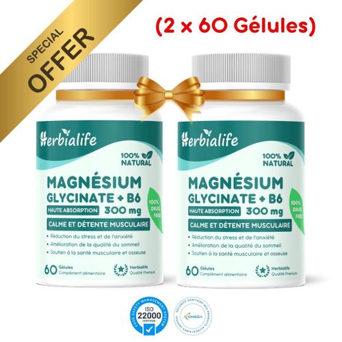 مغنيسيوم جلايسينات 300 ملغم + B6 – مضاد للإجهاد ونوم مريح – عرض خاص 2 × 60 كبسولة