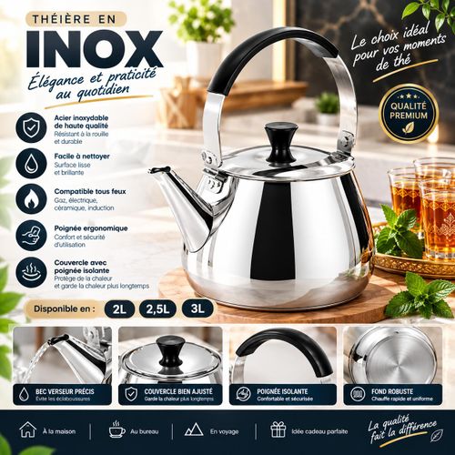 Théière en Inox avec Couvercle et Poignée Ergonomique – Théière Élégante et Pratique – 2L, 2,5L et 3L