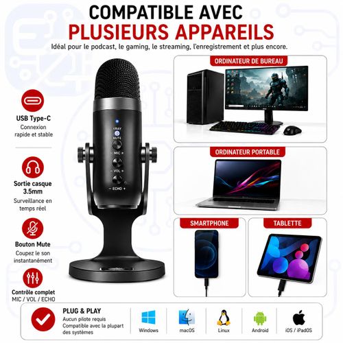 Microphone USB Professionnel MC-PW8 – Réduction du Bruit, USB Type-C, Monitoring 3.5 mm, Plug & Play