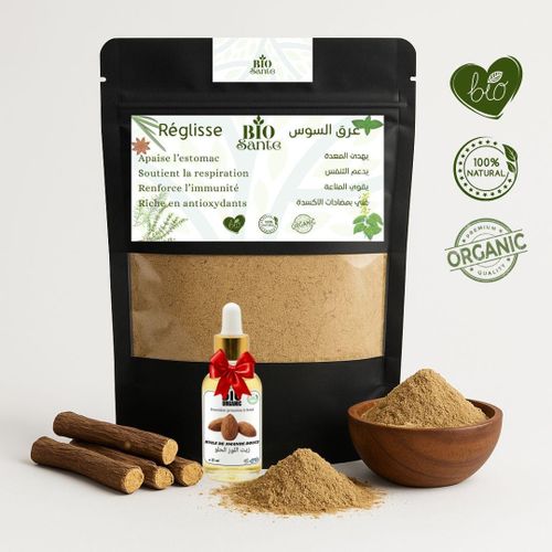 Réglisse poudre qualité premium confort digestif 100 g + huile de Amande douce 15ml gratuit