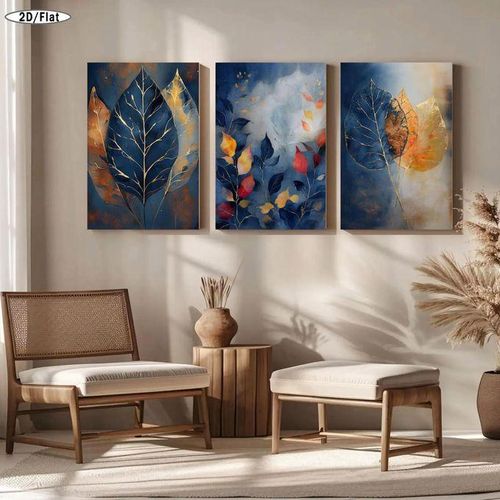 Set de 3 Tableaux Muraux Feuillage Abstrait – Toiles Décoratives Bleu Nuit, Orange et Or pour Salon et Chambre