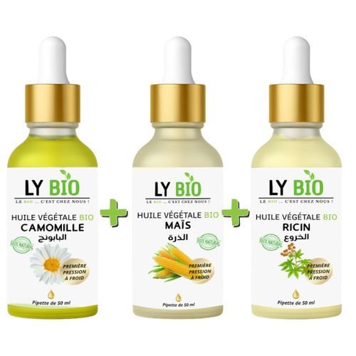 PACK HUILE CAMOMILLE 50ML - PIPETTE HUILE MAIS 50ML - PIPETTE HUILE RICIN 50ml - PIPETTE